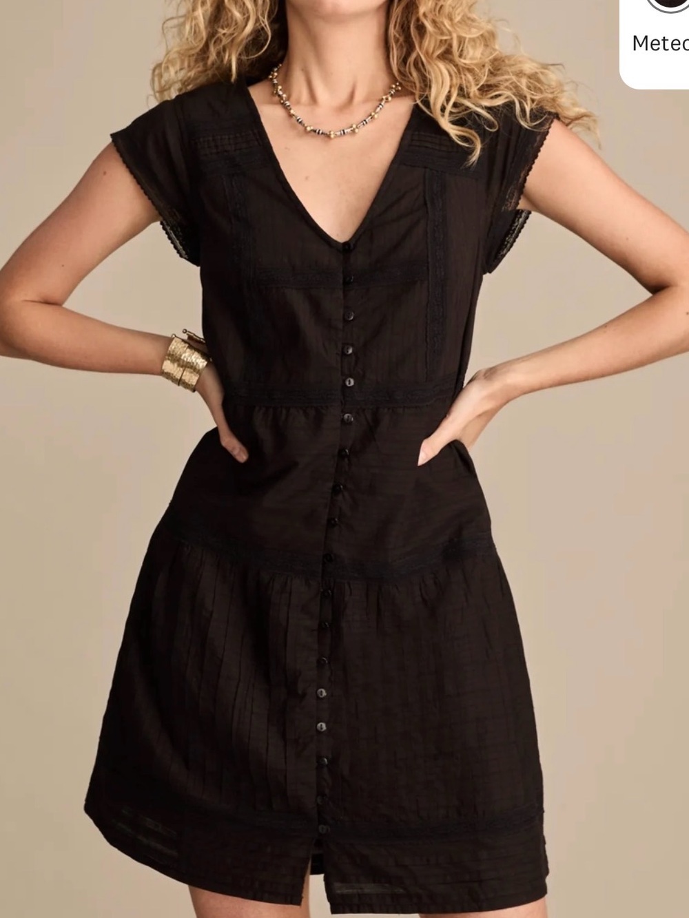 Lucky Brand Meteorite Black Button-Front Lace V-Neck Mini Dress